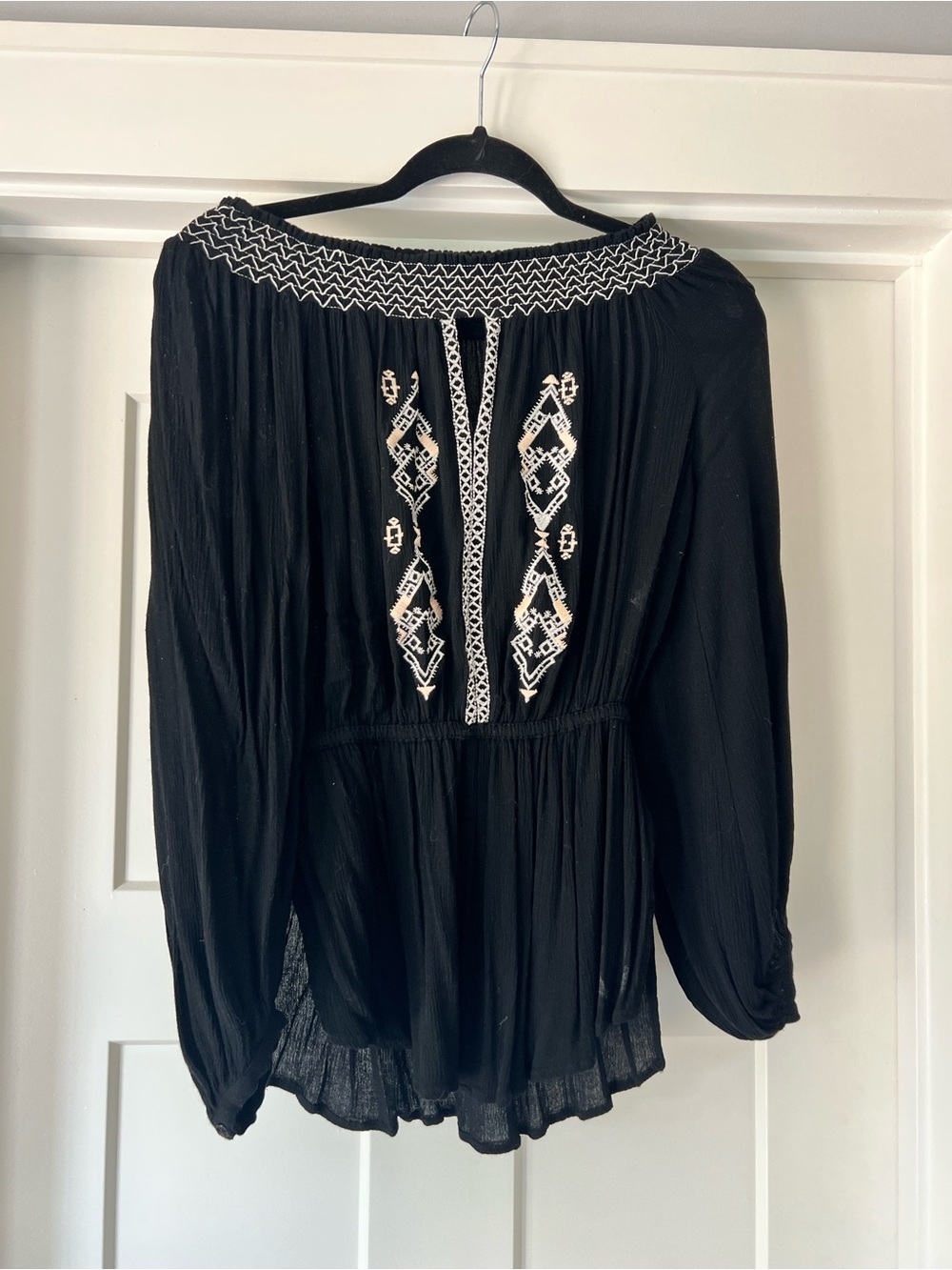Abbeline Black Peasant Blouse with White Geometric Embroidery